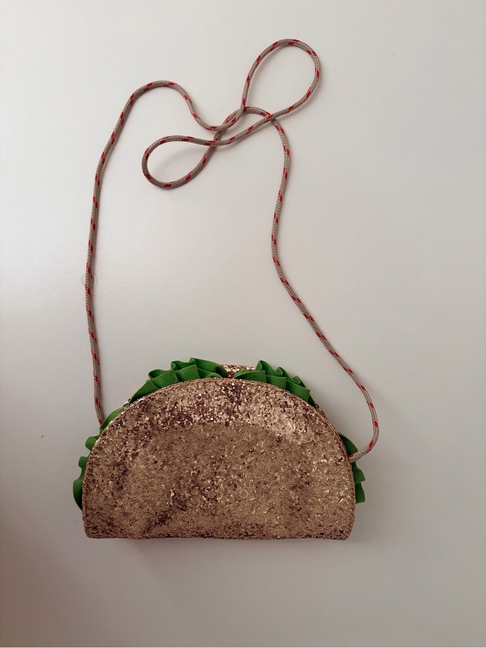Gold Sequin Taco Crossbody Bag with Green Ruffle Detail